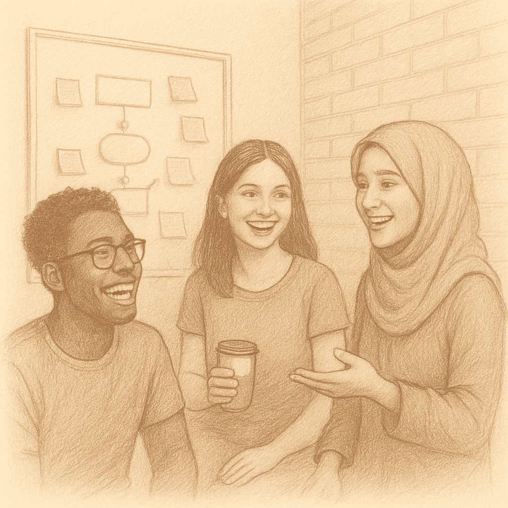 AI generated team working together on laptops in a circle